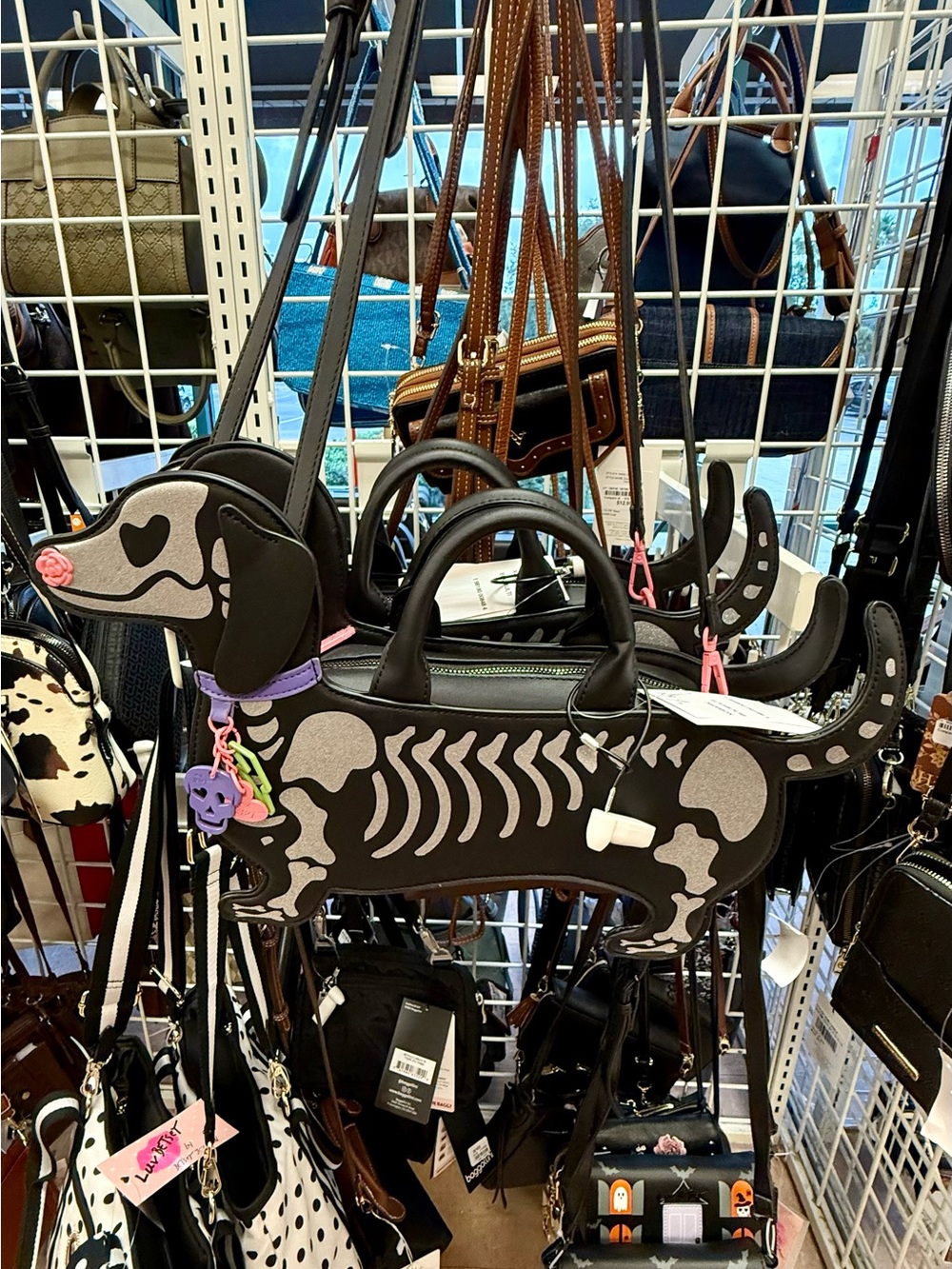 Betsey Johnson Black Dachshund Skeleton Satchel with Purple Accent - Picture 8 of 13